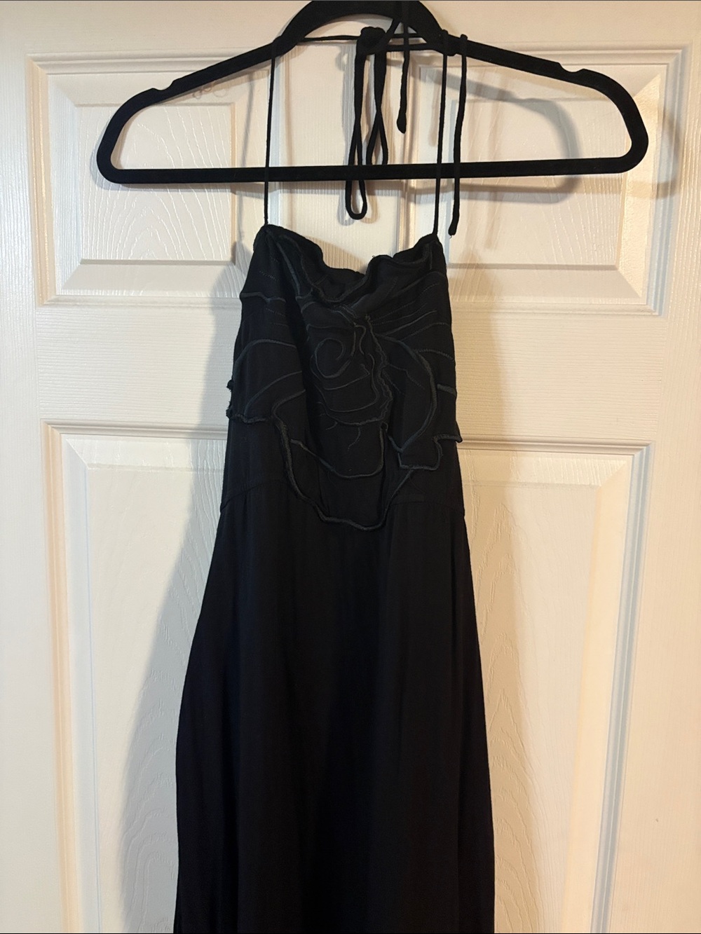 Black Halter Maxi Dress with Floral Ruffle Bodice
